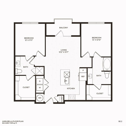 Floor plan for 2 beds, 2 baths, 1109 sqft